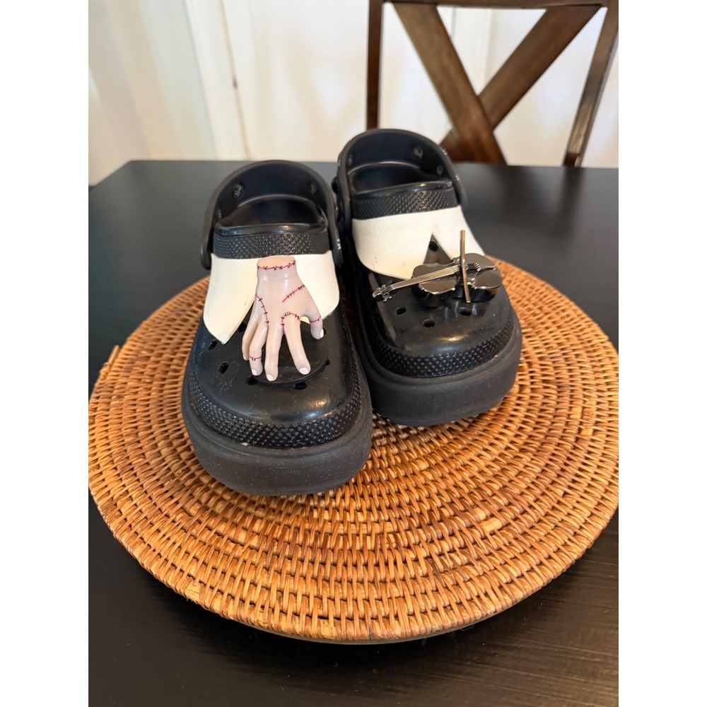 Crocs Stomp Clog Wednesday Addams Black White Platform Studded Jibbitz Charms - Picture 1 of 10